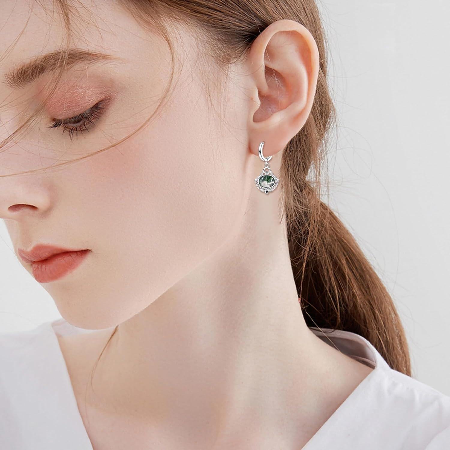 Sterling Silver Moss Agate Nordic Filigree Hoop Earrings Boho Floral Jewelry Gifts-0-2
