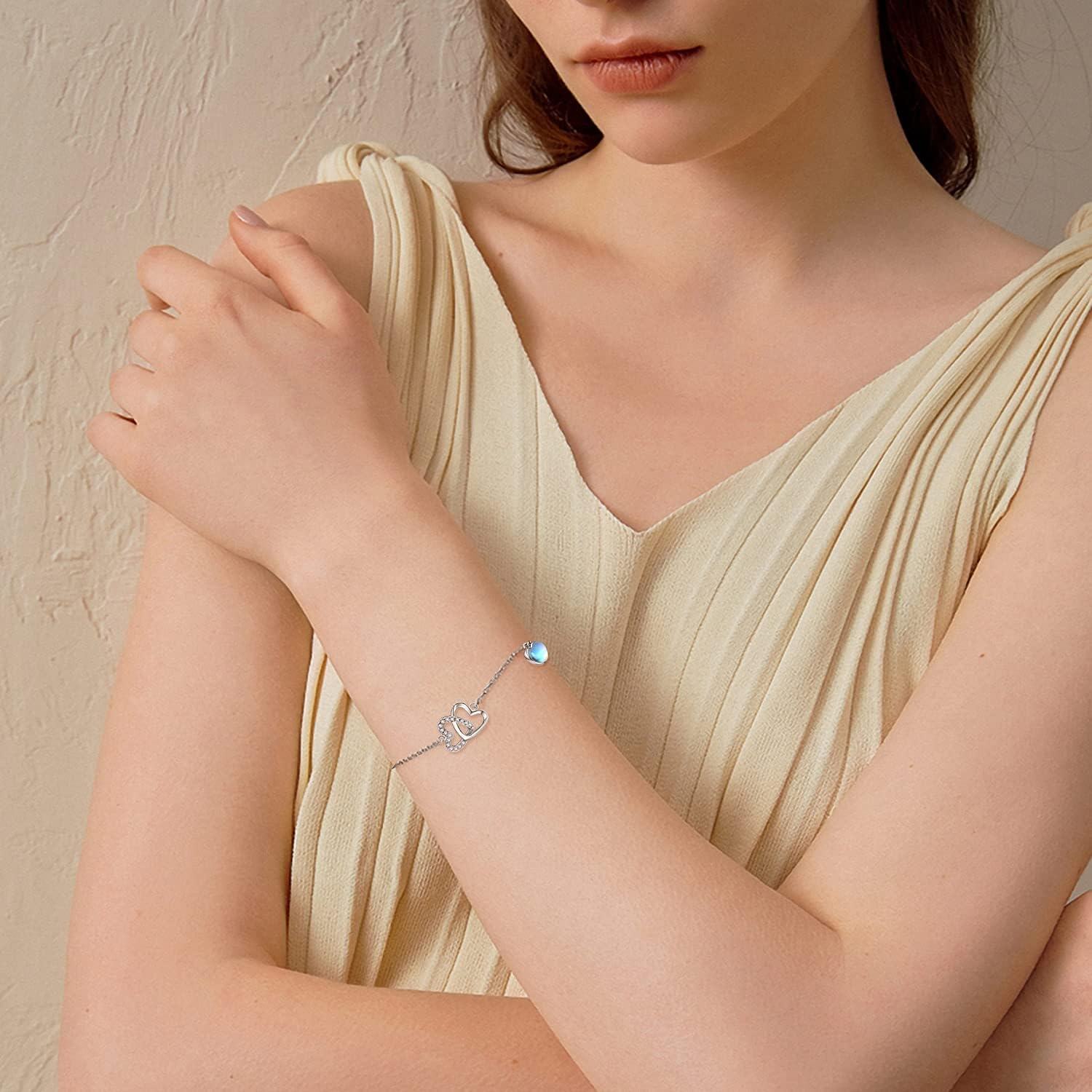 wholesale 925 Sterling Silver Double Heart Moonstone Charm Bracelet for Women-0-4