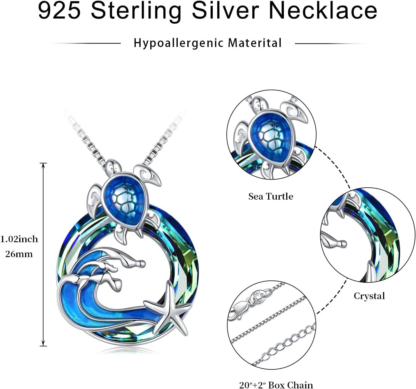 925 Sterling Silver Ocean Life Pendant with Blue Crystal Wave and Starfish Charm Necklace-0-3