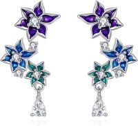 wholesale 925 Sterling Silver 925 Blue & Purple Enamel Flower CZ Dangle Earrings Hypoallergenic Jewelry for Women Girls-Orchid Earrings