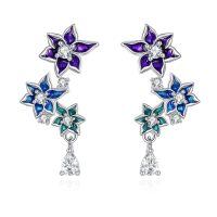 wholesale 925 Sterling Silver Purple Blue Green Enamel Flower Cubic Zirconia Drop Earrings-Orchid Earrings