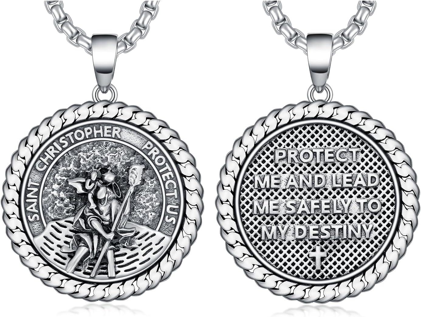 Sterling Silver Stone Patron Saint Necklace Amulet Jewelry Gift for Men Women-B08-St Christopher Non-personalized