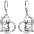 wholesale 925 Sterling Silver Heart-Shaped Cat CZ Dangle Earrings-0-0