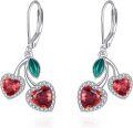 wholesale 925 Sterling Silver Heart-Shaped Red Crystal and Green Leaf Dangle Drop Earrings - Fruit Inspired Jewelry-0-0