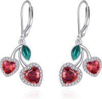 wholesale 925 Sterling Silver Heart-Shaped Red Crystal and Green Leaf Dangle Drop Earrings - Fruit Inspired Jewelry-Cherry