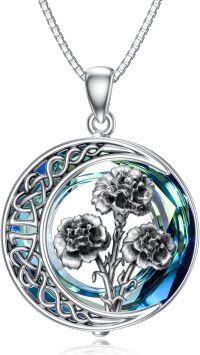 wholesale TOUPOP Oxidization Birth Flower Necklace Carnation Necklaces For Women Carnation Jewelry Dainty Moon Flower Jewelry S925 Sterling Silver With Blue Crystal Birthday Gifts For Women -undefined