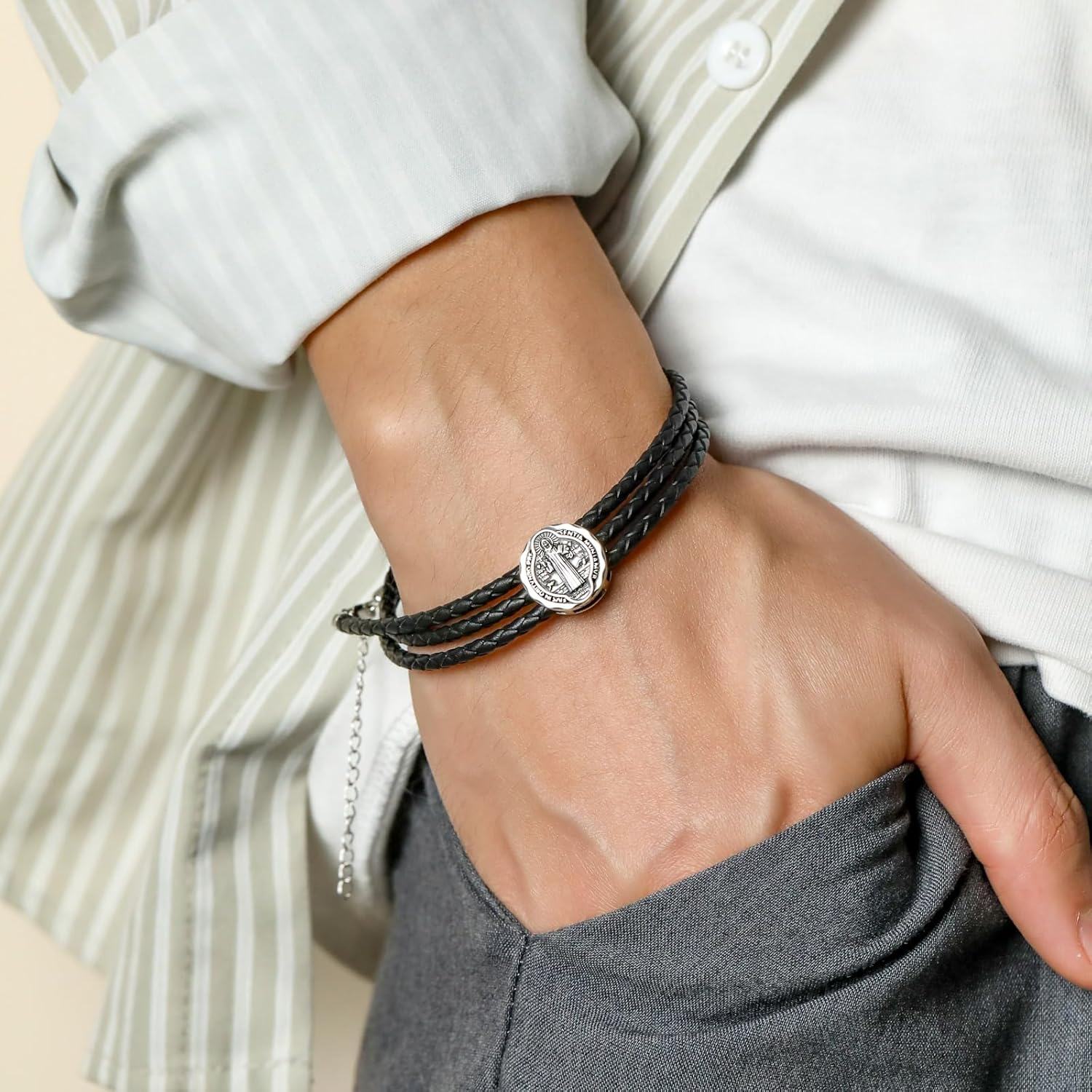 wholesale 925 Sterling Silver Black Leather Saint Benedict and Saint Jude Charm Bracelet Gift for Men-0-1