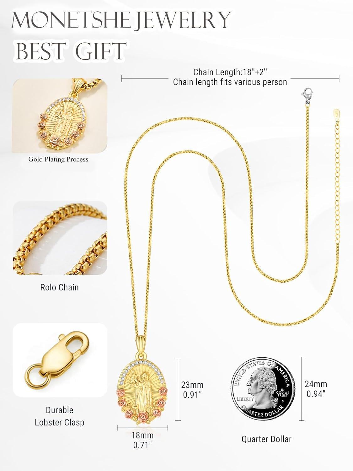 wholesale Gold 925 Sterling Silver Virgin Mary & Child Necklace w/ Rose Accents and Cubic Zirconia Stones on 24 Box Chain-0-2