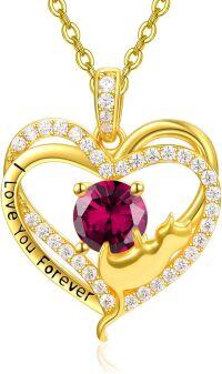 wholesale Sterling Silver Birthstone Cat Projection Heart Pendant Necklace-Gold-07 Jul - Ruby