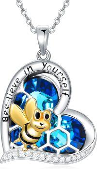 wholesale 925 Sterling Silver Blue Crystal Heart Shaped Bee Pendant Necklace for Women's Gifts-Bee-Blue Heart