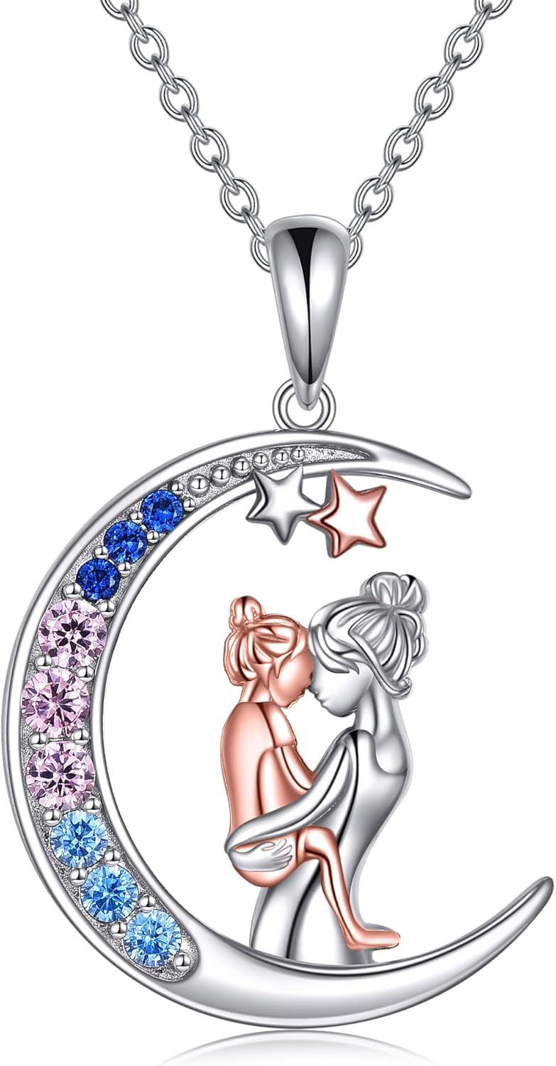 Sterling Silver Stone Mother Daughter Necklace Gift for Mom-M-moon mother and daughter