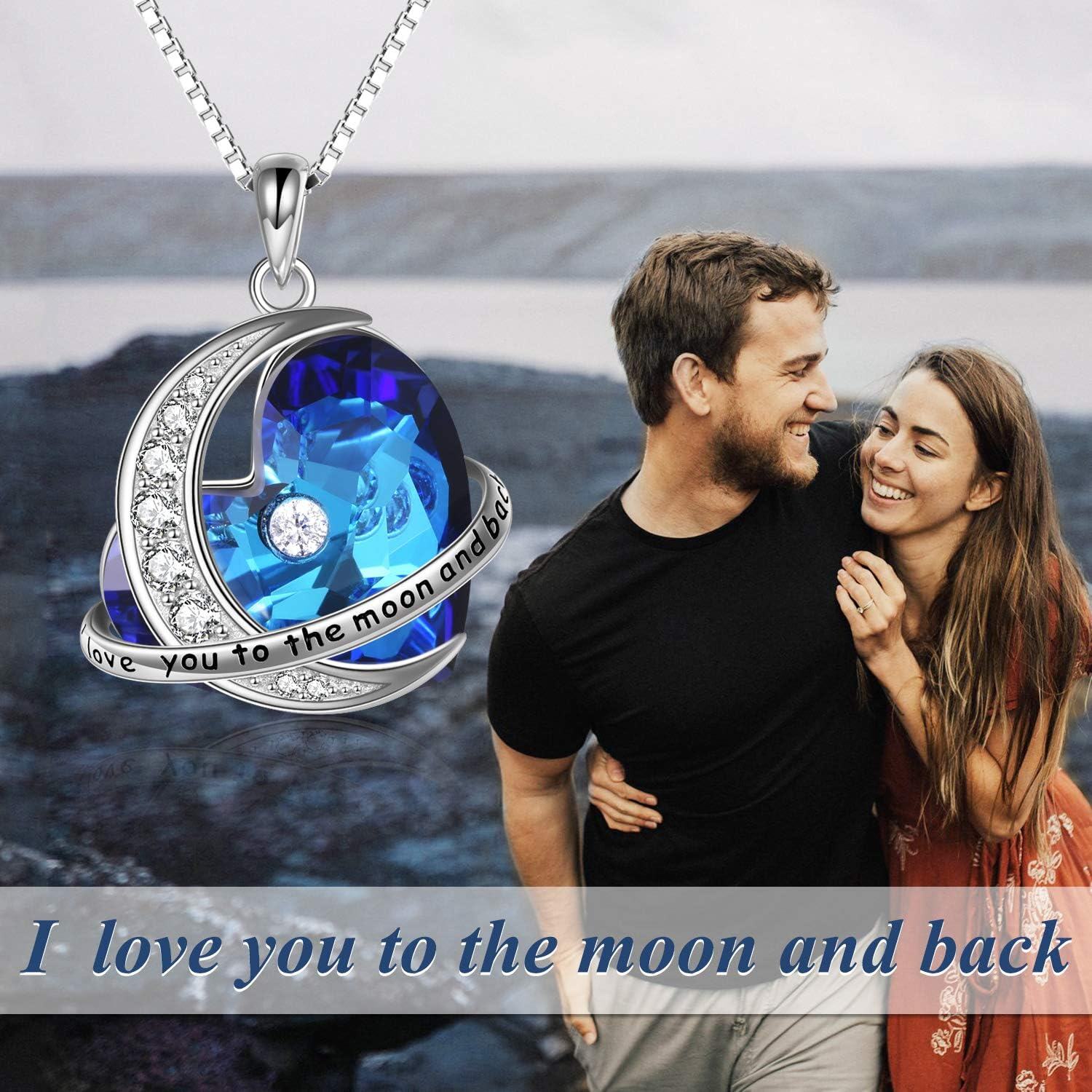 Sterling Silver Blue Crystal Heart Pendant Necklace for Wife Girlfriend-0-5
