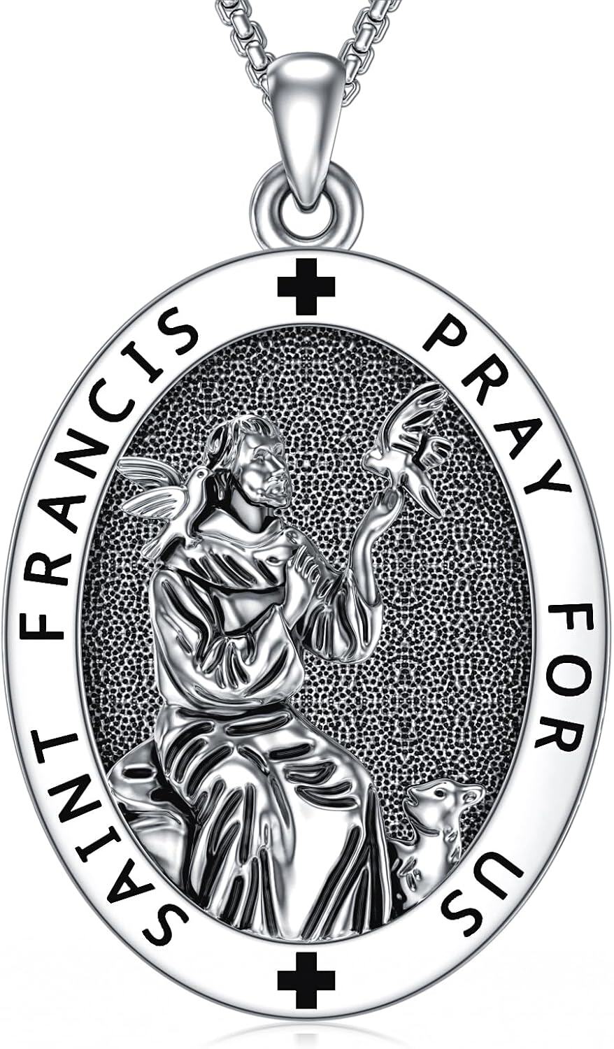 925 Sterling Silver & Stainless Steel St Francis of Assisi Medal Pendant with Dove and Fish Charm - Catholic Protection s for Men/Women-0-0