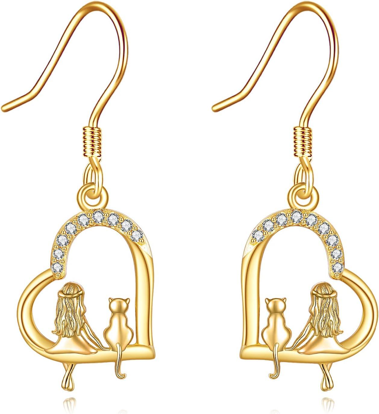 14K Gold Cat Drop Earrings for Women Real 14K Yellow Gold Dangle Jewelry Birthday Gifts for Her-0-0