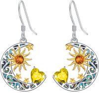 wholesale 925 Sterling Silver Heart Birthstone Sun Moon Dangle Drop Earrings for Women Mom-Citrine Nov.