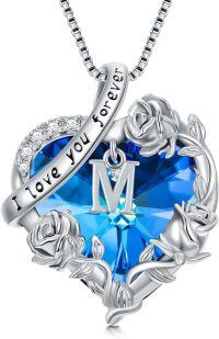 wholesale Sterling Silver Rose Heart Initial Necklace for Women Mom Wife Mothers Day Christmas Birthday Gifts-13-Alphabet M