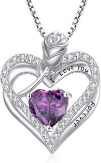 wholesale 925 Sterling Silver 12 Birthstone Double Heart Rose Necklace for Her-2-Feb-Amethyst
