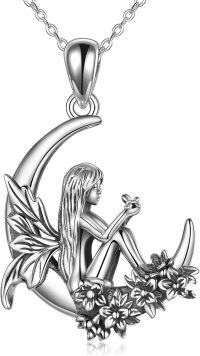 wholesale 925 Sterling Silver Fairy Moon Flower Charm Pendant Necklace - Gifts for Women & Girls-fairy