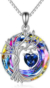 wholesale Sterling Silver Crystal Tree of Life Necklace for Women Birthstone Pendant-09-Sep-Sapphire