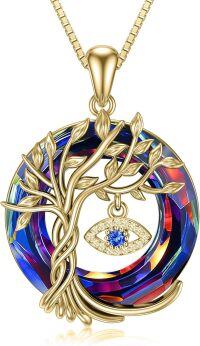 wholesale  Sterling Silver Evil Eye Necklace with Crystal Tree of Life Pendant -Evil Eye-Volcano Crystal-Gold