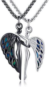 wholesale  925 Sterling Silver Angel Wings Couple Hug Necklace for Her Him, Matching Love Pendant Gift for Anniversary Valentine's Birthday-Silver+Black