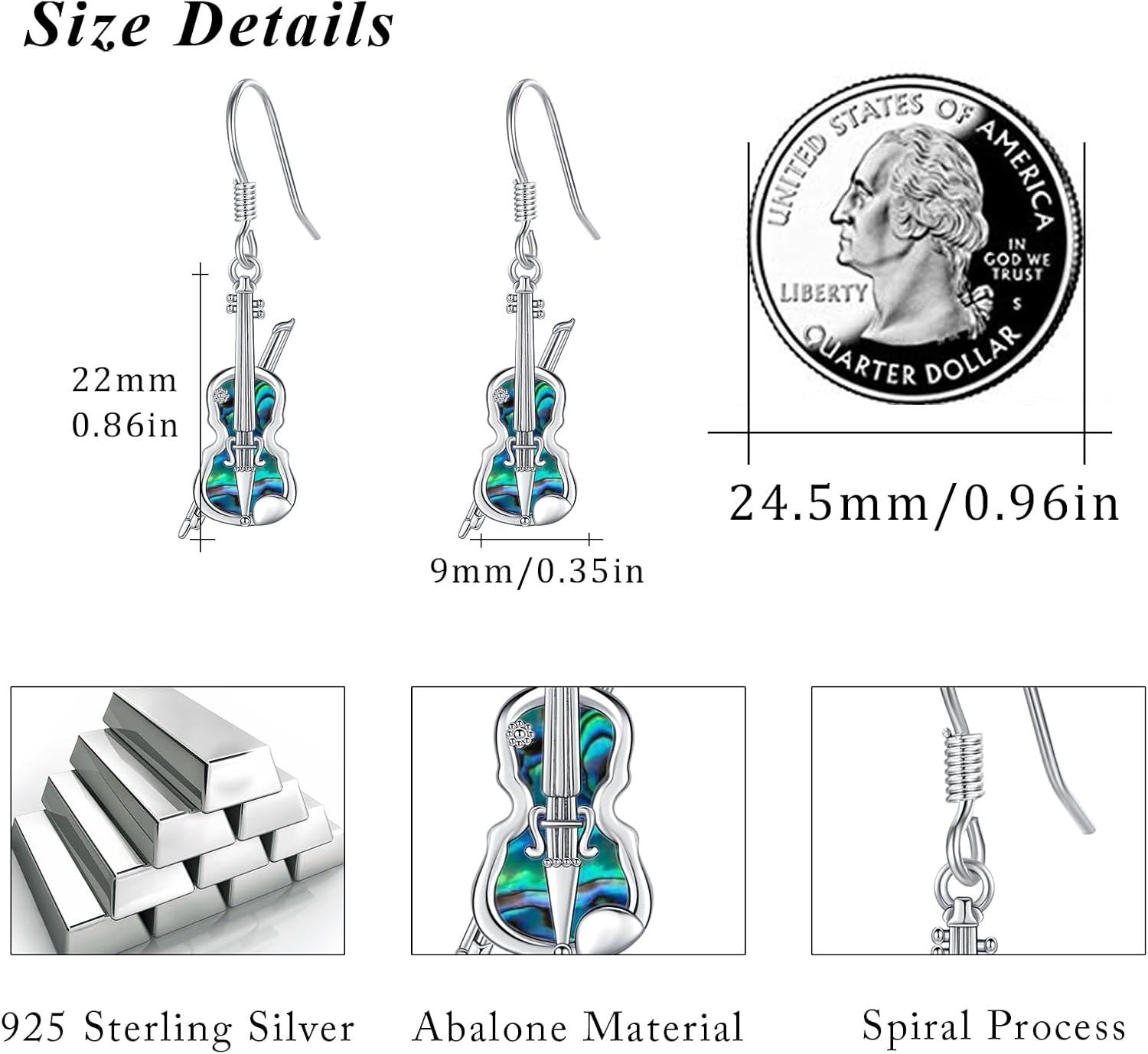 wholesale 925 Sterling Silver Violin Shape Abalone Shell Inlay Leverback Dangle Drop Earrings for Women-0-2