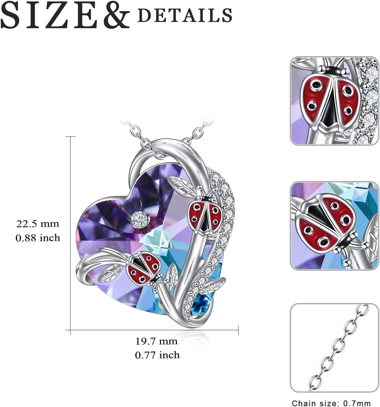 Sterling Silver Heart Crystal Necklace with Butterfly Dragonfly Bee Ladybug Spider Glowworm Jewelry for Women-0-5