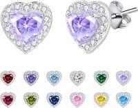 wholesale 925 Sterling Silver Cubic Zirconia 12 Birthstone Heart Stud Earrings-06-Jun.