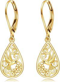 wholesale 14K Gold Yellow Gold Cross Hummingbird Lotus Sunflower Dangle Earrings-Hummingbird Leverback