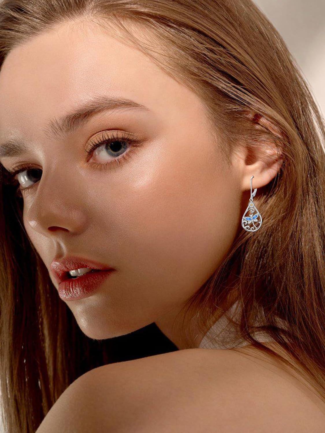 wholesale 925 Sterling Silver Blue Crystal Dragonfly Drop Earrings for Women Girls  4cm Long-0-3