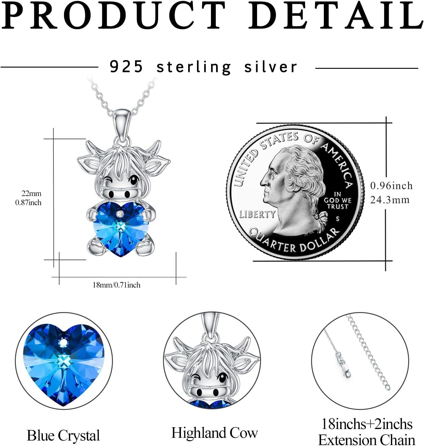 Sterling Silver Crystal Highland Cow Heart Pendant Necklace for Women Girls-0-3