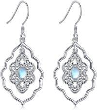 wholesale 925 Sterling Silver Rainbow Moonstone Filigree Drop Dangle Hook Earrings for Women Girls  4cm Long-two layer