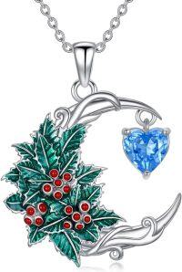 wholesale 925 Sterling Silver Birthstone Crescent Moon Floral Pendant Necklace-12-Dec-Holly