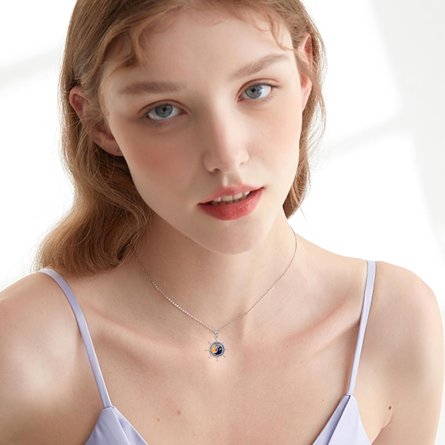 wholesale 925 Sterling Silver Round Compass Abalone Shell Pendant Necklaces for Women Men s 45cm Chain Length-0-2