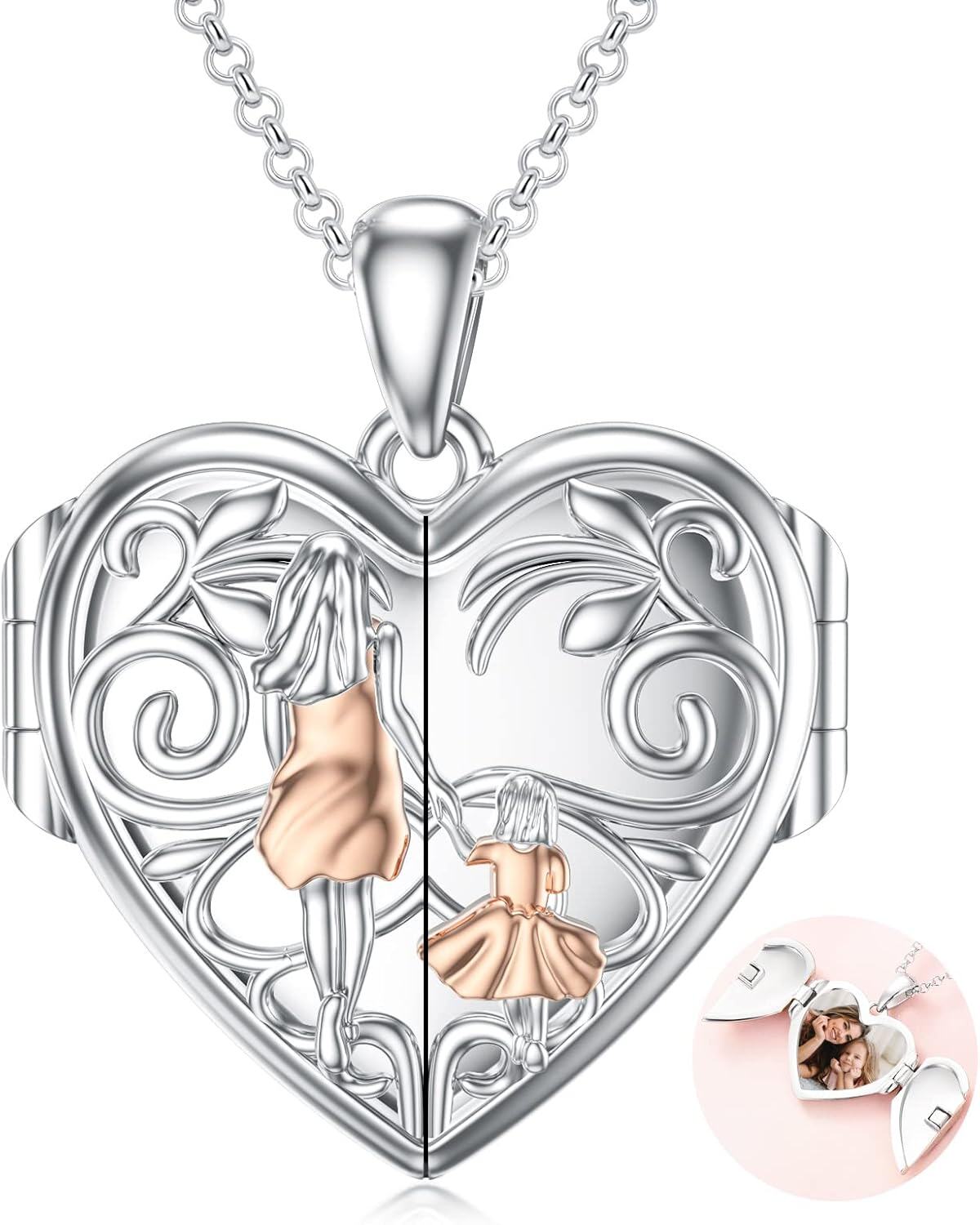 Sterling Silver Abalone Shell Daughter Locket Necklace Gift from Mom Dad-05-Mother Daughter Locket-2+ Photo-05-Mother Daughter Locket-2+ Photo+Text