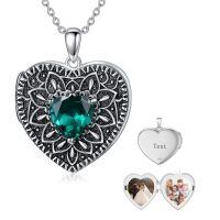 wholesale 925 Sterling Silver Birthstone Gemstone Heart Photo Locket Necklace Holds 2 Pictures Jewelry Gift-05 May-06 June-12 December-11 November-02 February-10 October-09 September-04 April-07 July-08 August-01 January-03 March