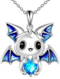 wholesale 925 Sterling Silver Metal Cubic Zirconia Blue Bat Heart Pendant Necklace for Women Girls Gifts-G-Bat