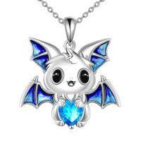 wholesale 925 Sterling Silver Metal Cubic Zirconia Blue Bat Heart Pendant Necklace for Women Girls Gifts-G-Bat