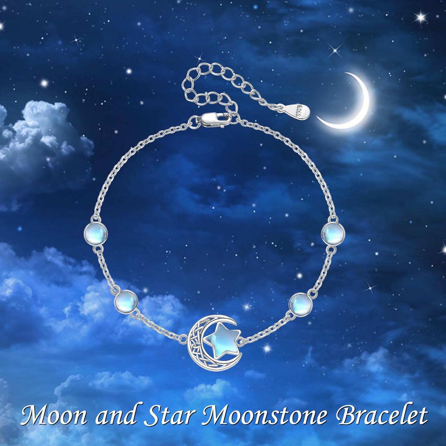 Silver Moonstone Star & Crescent Adjustable Bracelet - 925 Sterling Silver s for Women and Girls-0-4