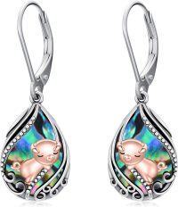 wholesale 925 Sterling Silver & Abalone Pig Earrings for Luck, Joy, Abundance - Rose Gold Plated Dangle Jewelry Gift-Pig