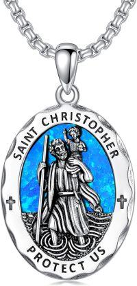 wholesale 925 Sterling Silver St Christopher Protect Us Blue Opal Oval Medal Pendant Necklace-Saint Christopher - Blue Opal