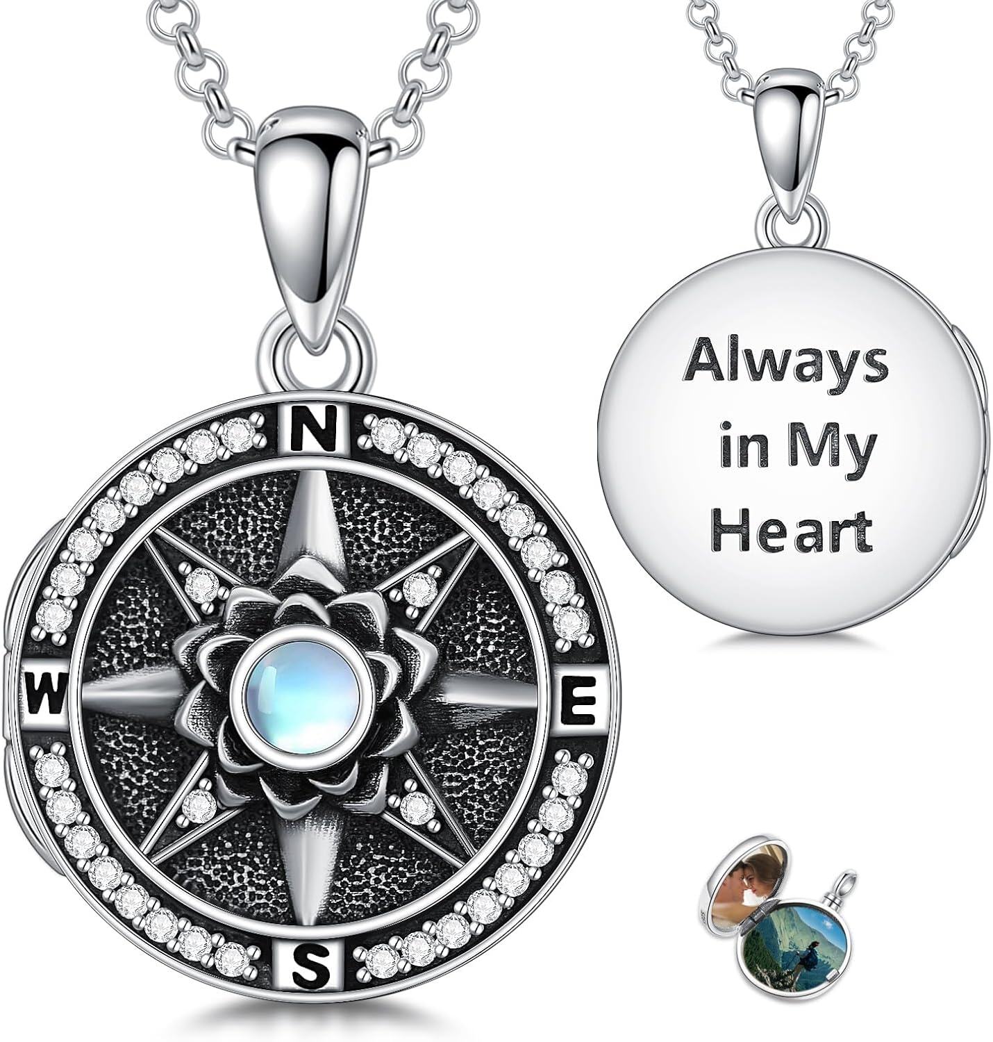 Sterling Silver Rose Flower Compass Photo Locket Necklace for Women-03-Compass Flower Locket Necklace