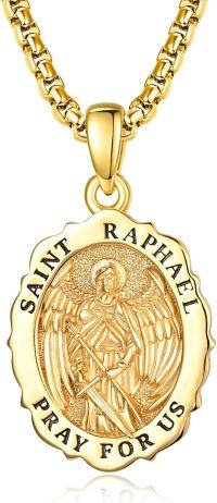 wholesale 925 Sterling Silver & 24K Gold Plated Saint Raphael Pray For Us Pendant Necklace for Men/Women-St Raphael-St Raphael