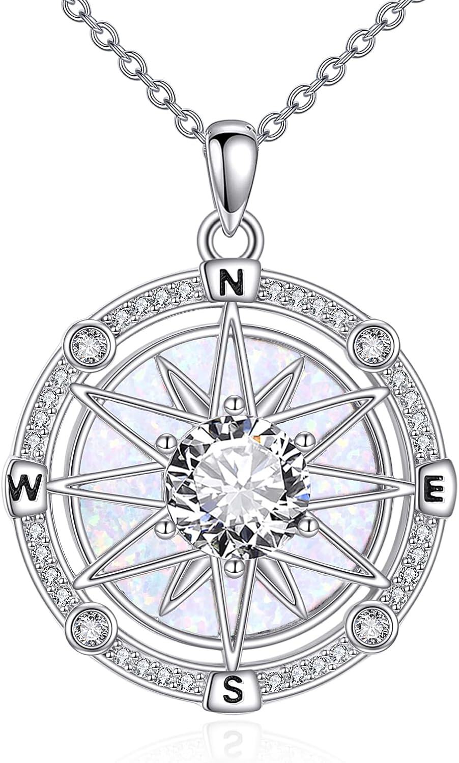 Sterling Silver Opal Abalone Blue Crystal Compass Necklace-0-1