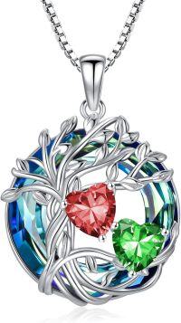 wholesale 18K White Gold Filled Sterling Silver Family Tree Pendant with 2 Heart Birthstones Blue Austrian Crystal Necklace for Women-01-05-Jan-May Birthstone