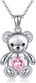 wholesale 925 Sterling Silver Pink Heart Teddy Bear Pendant Necklace for Girls and Women's Gifts-0-0