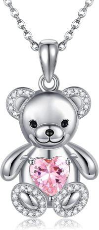 wholesale 925 Sterling Silver Pink Heart Teddy Bear Pendant Necklace for Girls and Women's Gifts-teddy bear