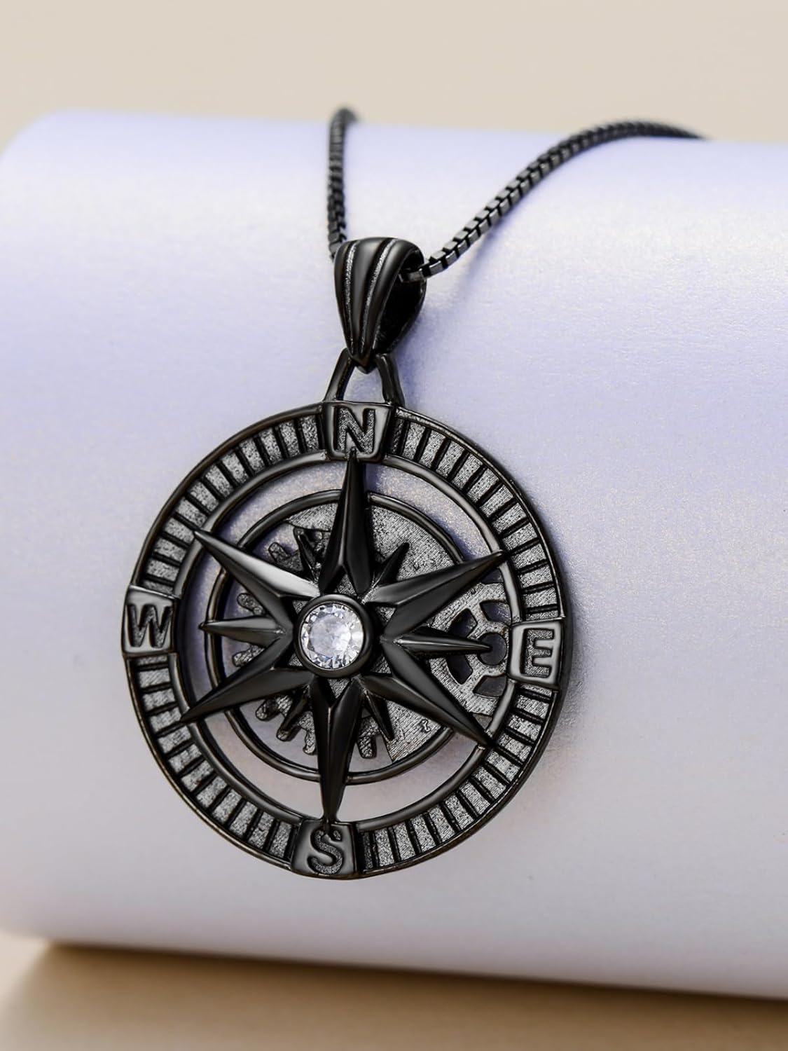 Sterling Silver Stone Compass Necklace for Men Women Travel Talisman Pendant Unique Inspirational Gift for Birthday Christmas Graduation-0-4