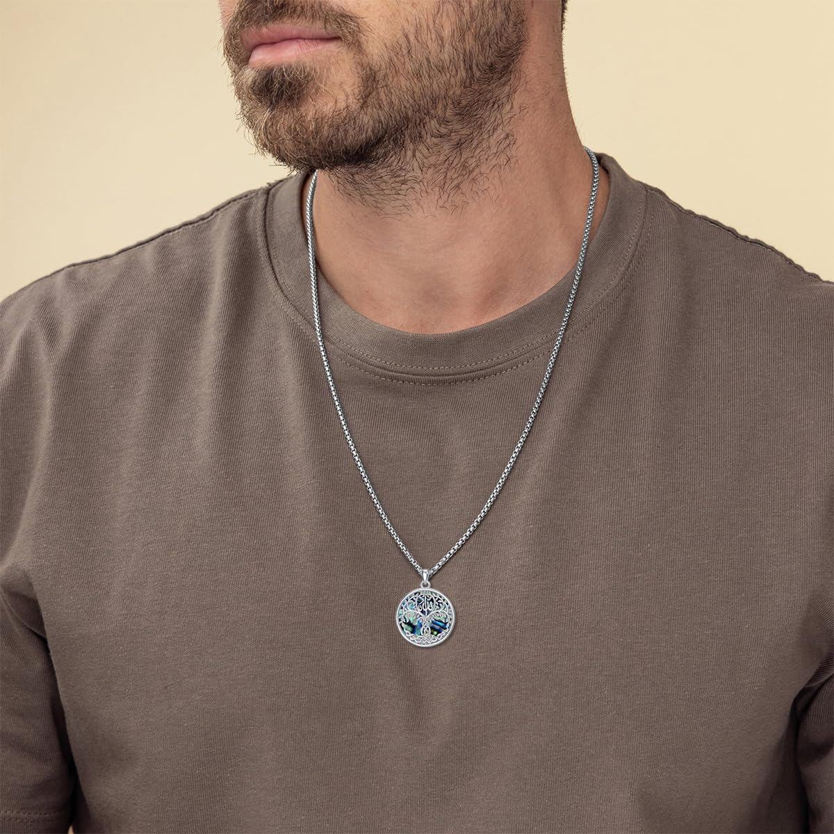 wholesale 925 Sterling Silver Tree of Life Round Pendant with Abalone Shell Inlay and Arabic Calligraphy for Men Women - Islamic Muslim s-0-1