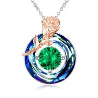 TOUPOP Sterling Silver Emerald Circle Crystal Pendant Necklace-undefined